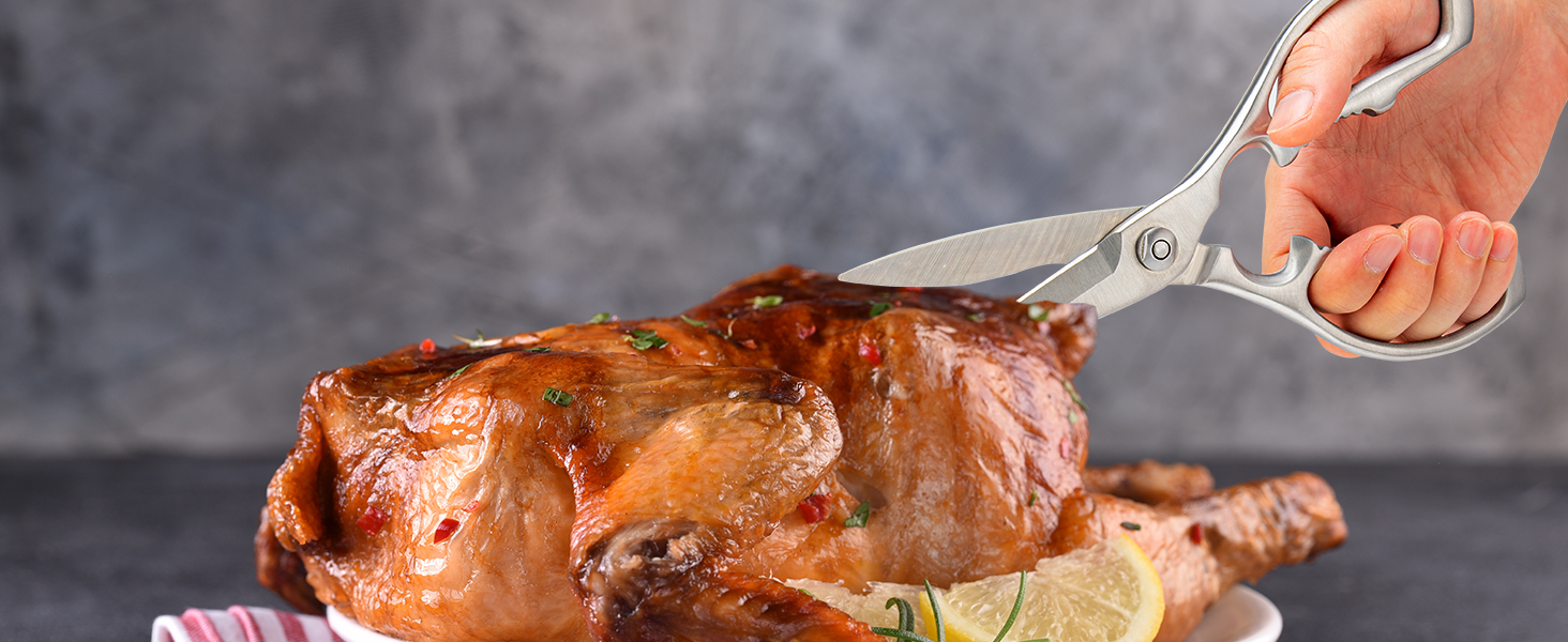 Кухонні ножиці важкі – з нержавіючої сталі 3Cr14, міцні для м'яса, птиці та овочів, з відкривачем пляшок, придатні для миття в посудомийній машині, 22,8 см, 5 років гарантії, сріблястого кольору