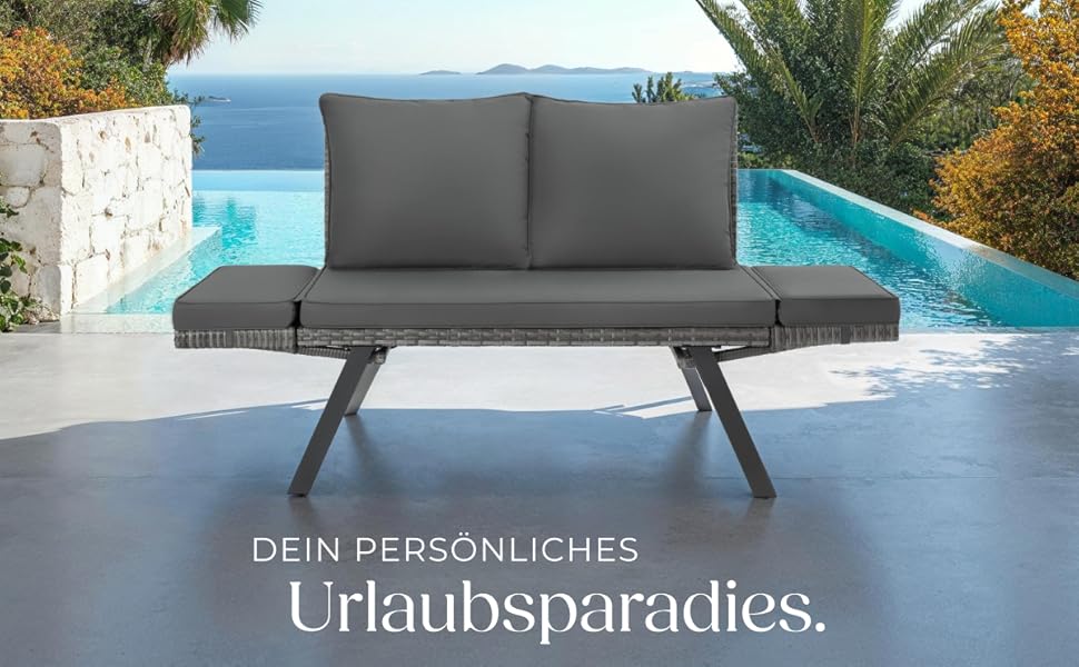 Садовий диван-шезлонг Tectake з ротангу, сірий - вуличні меблі для відпочинку з функцією сну та відкидними підлокітниками