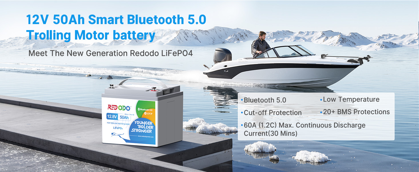 LiFePO4 акумулятор Redodo 12V 100Ah для кемперів та човнів (під сидіння), з Bluetooth та Smart BMS 100A