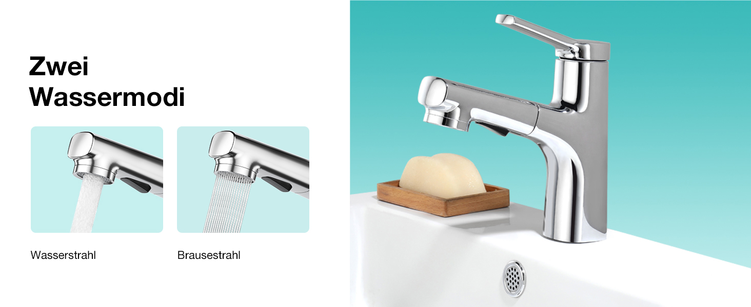 Сучасний змішувач для ванної кімнати CREA з висувною лійкою, 2 режими струменя, з міді, хром, для умивальника