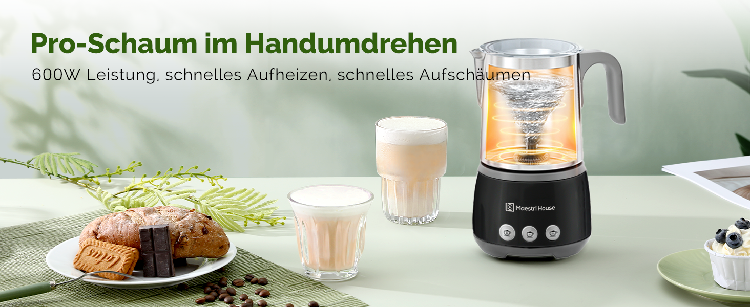 Електричний спінювач молока Maestri House 500 мл 4-в-1 з керуванням Smart Touch, функція пам'яті, для лате, гарячого шоколаду та теплого молока, чорно-сірий