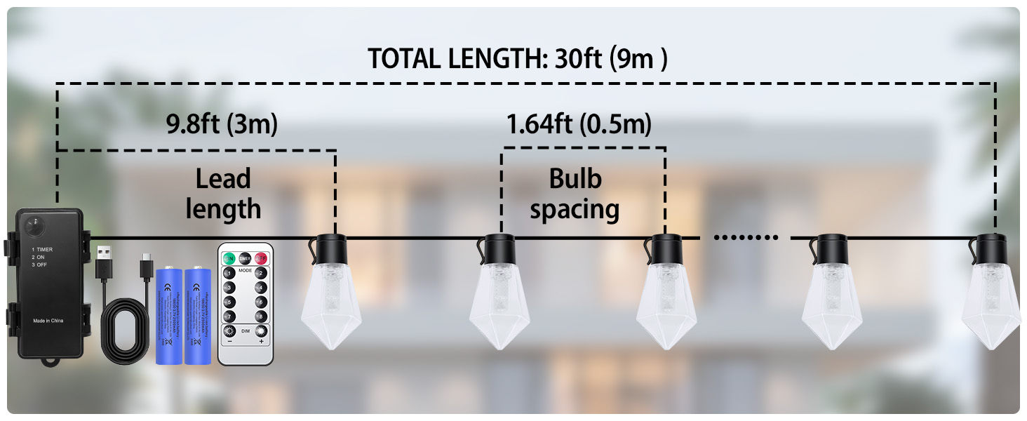 Ланцюжок прикрас для саду на батарейках G30, 9м, 20 LED, тепле світло, з пультом, таймером, димеруванням, IP64, для саду, Різдва, балкону, бістро