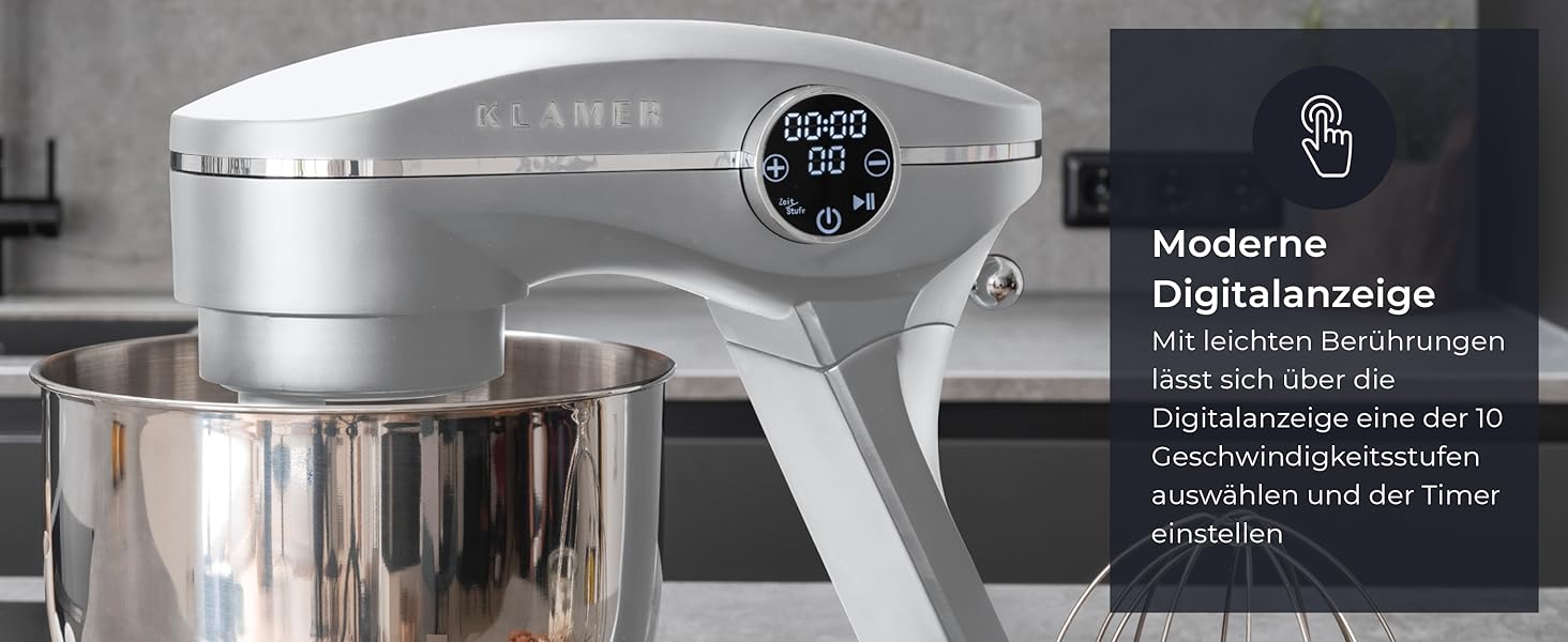 Кухонний комбайн KLAMER 1800W — планетарний міксер для тіста з чашею з нержавіючої сталі 6л, 10 швидкостей, таймером та набором насадок (гак, вінчик, міксер), сріблястий