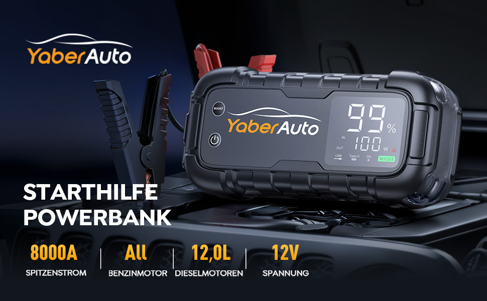 Бустер для автомобіля YaberAuto 8000A, пусковий пристрій Powerbank 26800mAh, 65W USB-C PD, для бензинових та дизельних двигунів до 12.0л, з ліхтарем 600 Лм