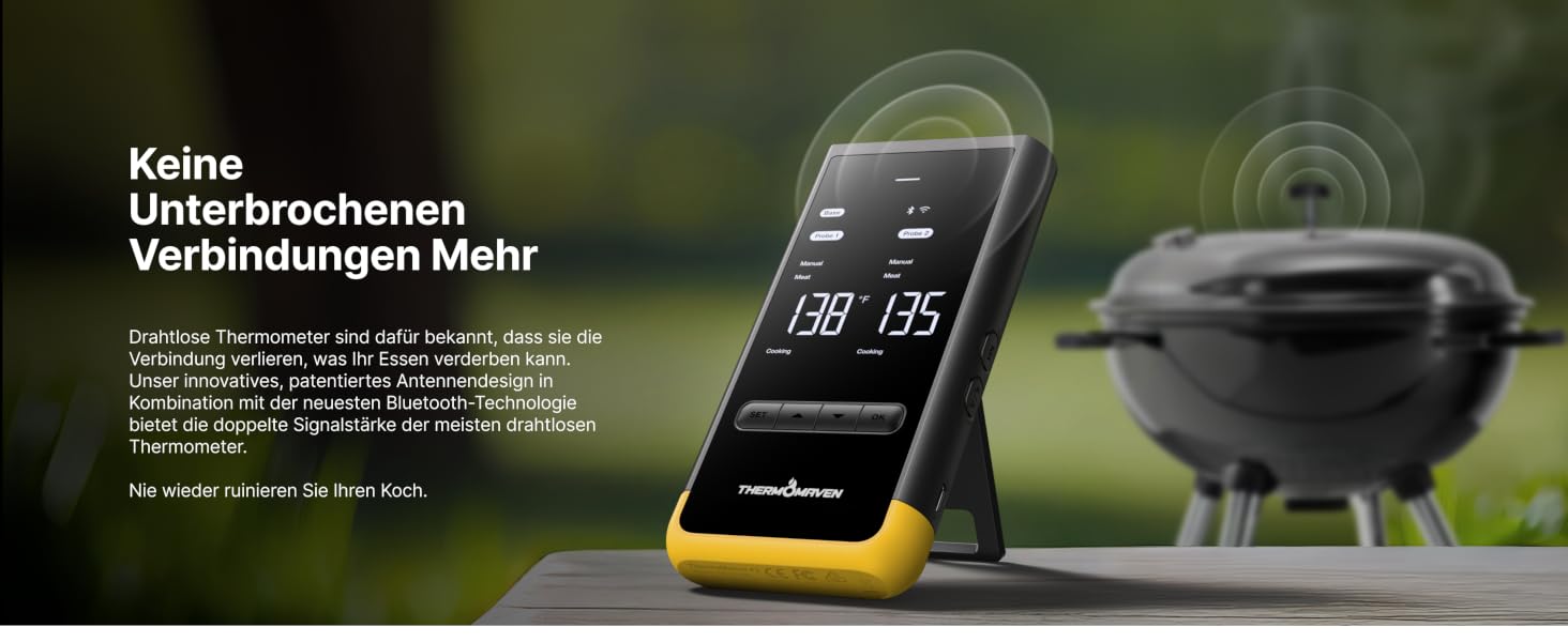 Розумний бездротовий термометр для м'яса ThermoMaven з базовою станцією, Wi-Fi та Bluetooth, 2 щупи (6 сенсорів), NIST-сертифікований, для смокера, духовки та BBQ, золотисто-жовтий