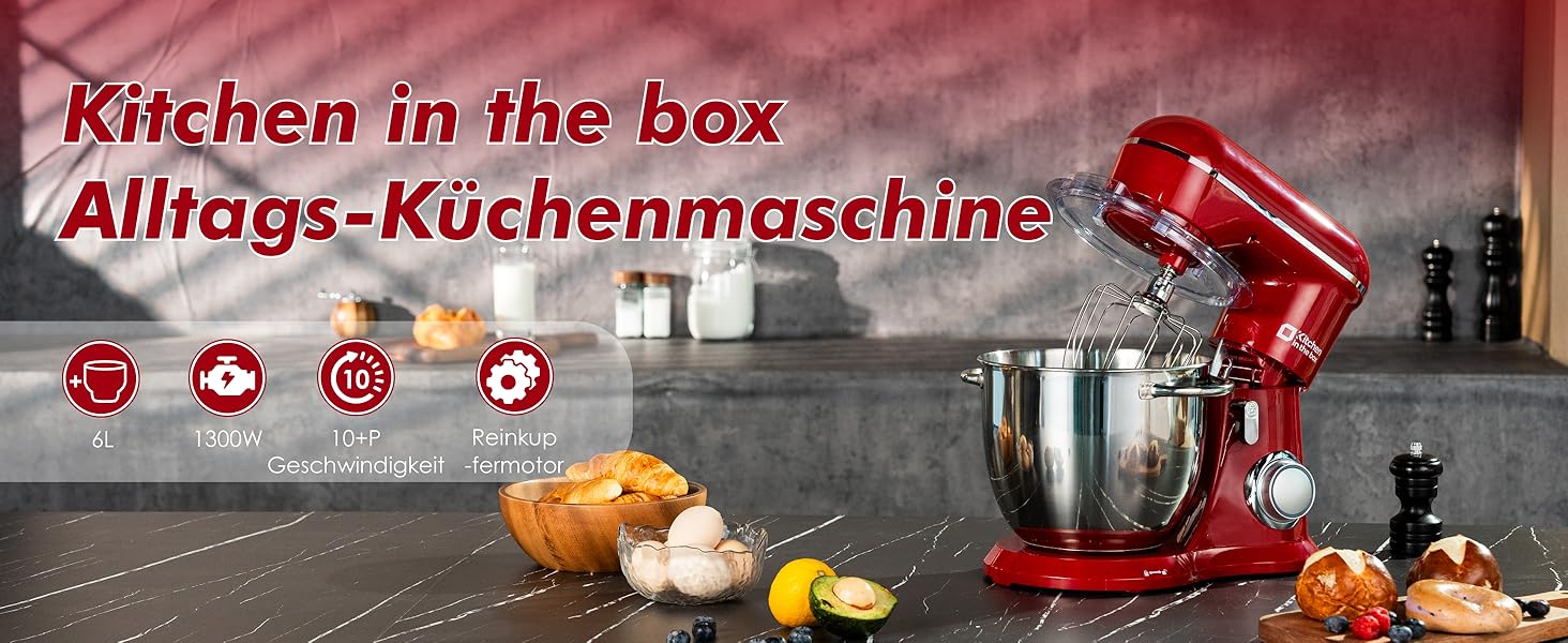 Кухонна машина Kitchen in the box 6L з 2 чашами по 3.5L, 10 швидкостей, з гаками для тіста, вінчиками та вінчиком для збивання (червона)