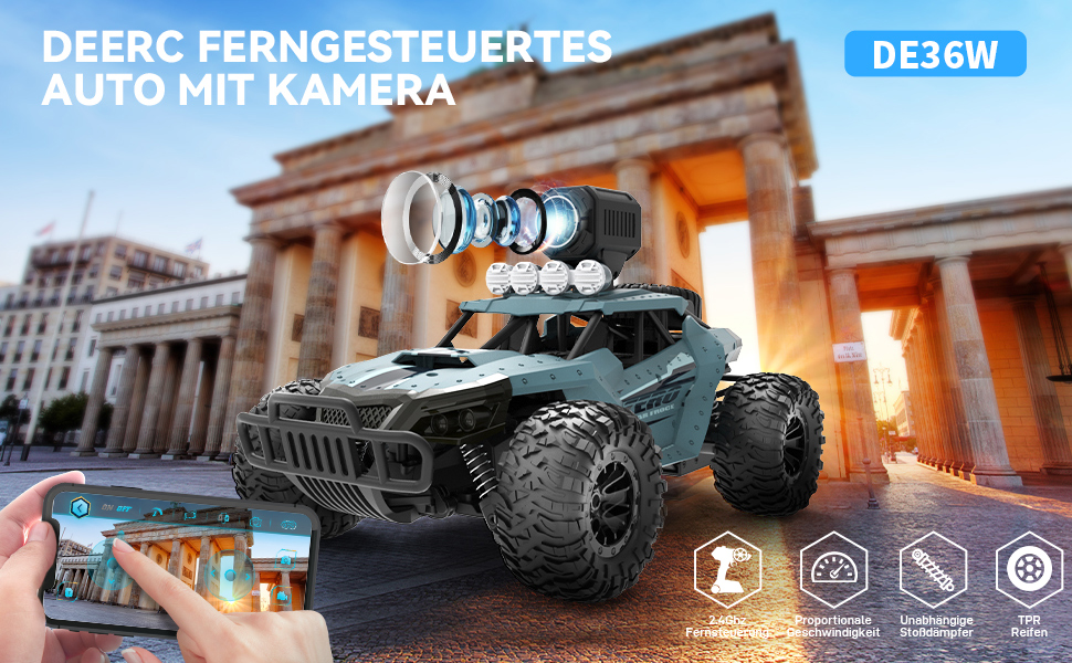 RC Truck DEERC 1:16 з камерою 1080P, WiFi, 2 акумулятори, 60 хв роботи, позашляховик для дітей та дорослих (36W)