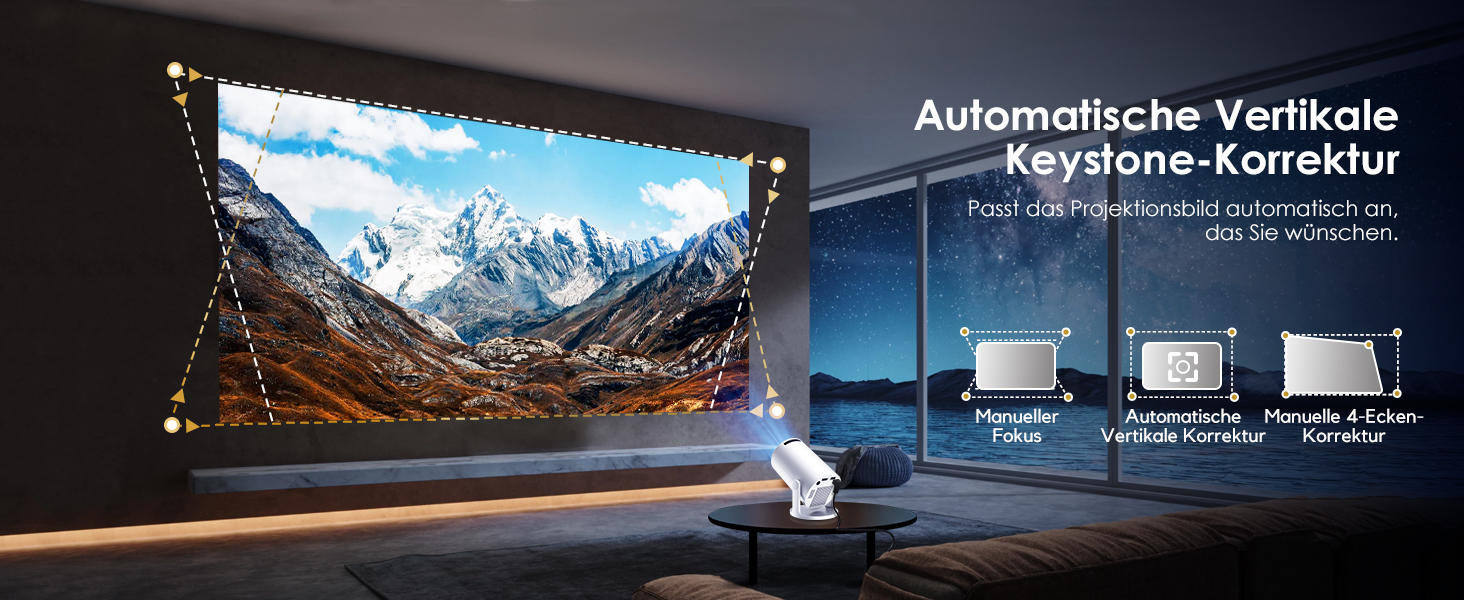 Портативний міні-проектор WOLFANG 1080P з WiFi 6, Bluetooth 5.4 та вбудованими додатками, автокоррекція трапецієподібних викривлень, підставка 180°, для дому та кінотеатру