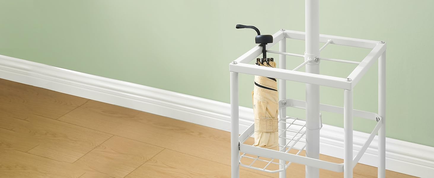 Настінна вішалка для одягу FAVOOSTY з підставкою для парасольки, 12 гачків, стійка для пальто, вішалка для одягу в вітальню, спальню, срібна (білий)