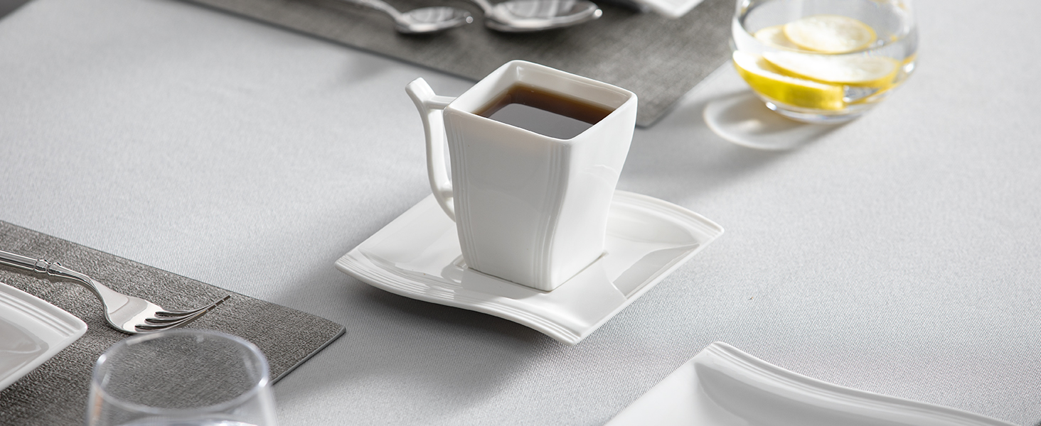 MALACASA Серія Flora – 60-елементний посудний сервіз для 12 осіб – кремово-білий порцелан з квадратним дизайном (тарілки, чашки, блюдця) – підходить для миття в посудомийній машині та для використання в мікрохвильовій печі