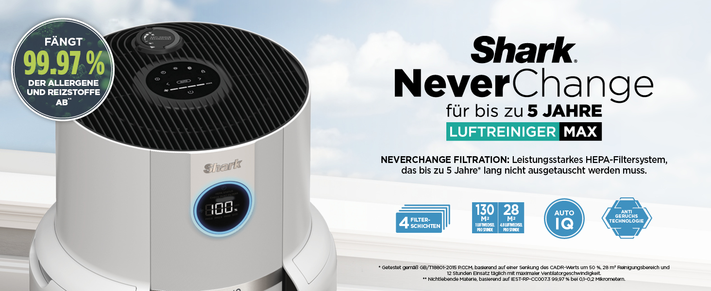 Очищувач повітря Shark NeverChange MAX HP300EU для алергіків, HEPA-фільтр на 5 років, для приміщень до 130 м², автоматичний режим, LED-дисплей, білий