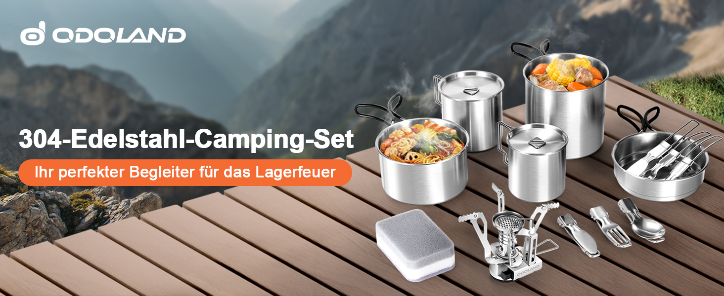 Набір посуду для кемпінгу Odoland: каструля, сковорода, тарілки, миски, столові прибори (13 предметів). Нержавіюча сталь, антипригарне покриття, для пікніків, походів та кемпінгу.