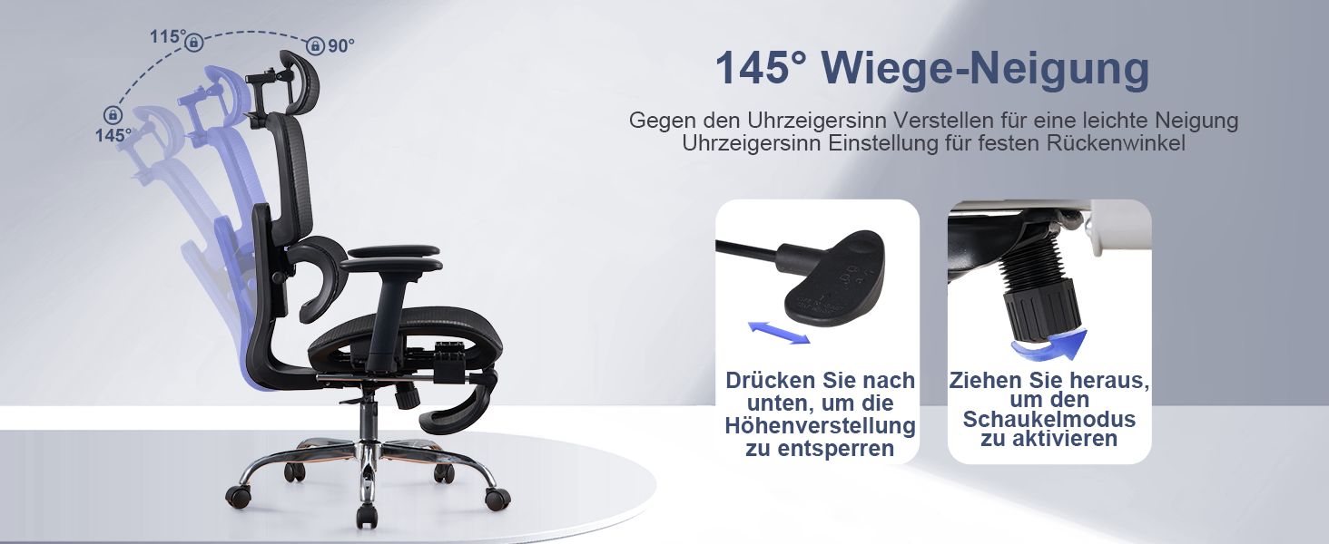 Ергономічне крісло для офісу з підніжкою та подушкою для шиї, 5-рівневе регулювання спинки, 2D підтримка попереку, 3D підлокітники/підголівник, функція нахилу 145°, сітчасте сидіння, гумові колеса (Чорний, Lite)