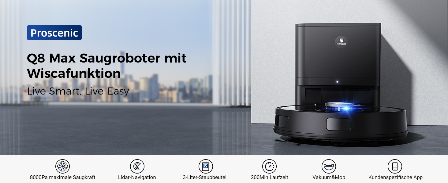 Робот-пилосос Proscenic Q8 Max з функцією миття, 8000Pa, 200хв, станція самоочищення 3л, лазерна навігація, керування через APP, Alexa, Google, Siri
