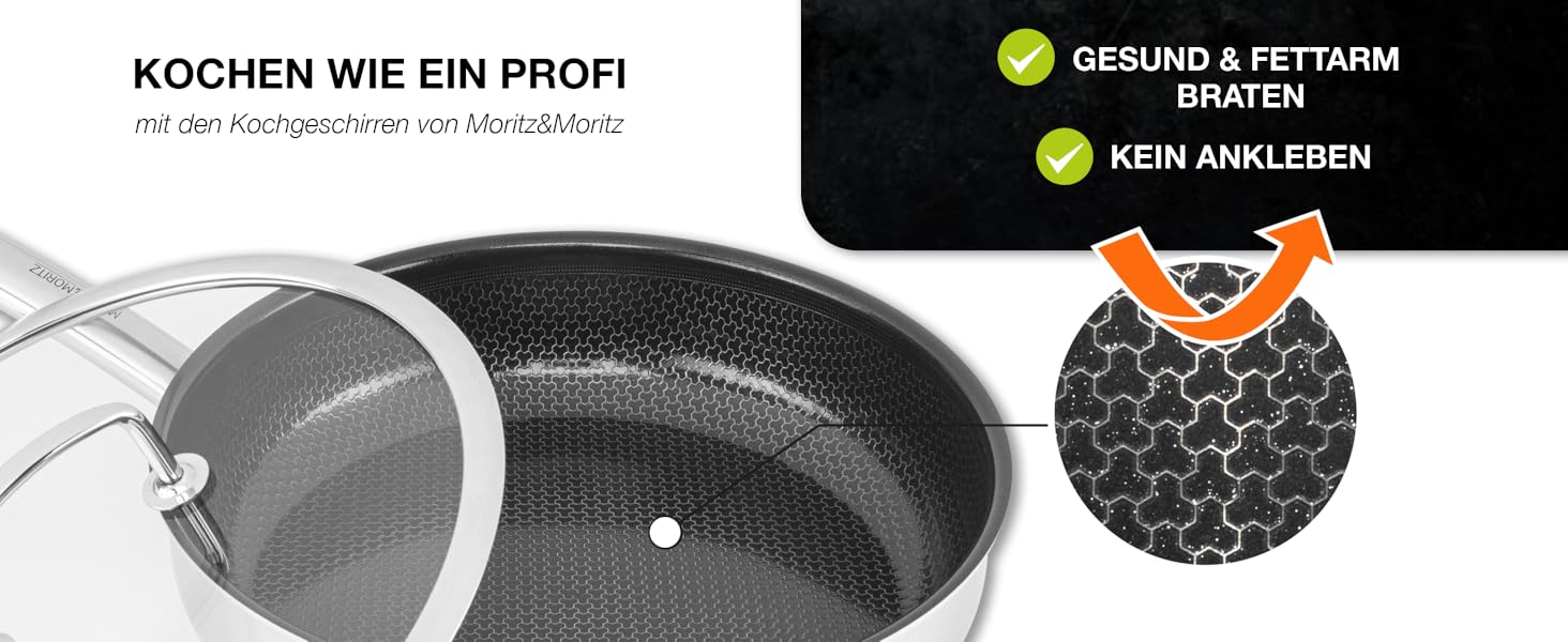 Сковорода з нержавіючої сталі Moritz & Moritz з кришкою 28 см з керамічним покриттям нового покоління - підходить для всіх типів плит - антипригарна сковорода з вафельною структурою для приготування, смаження та тушкування. Діаметр 28 см