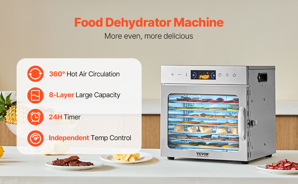 Електрична сушарка для їжі VEVOR з 10 нержавіючими чашами, 1000 Вт, для м'яса, фруктів, овочів, трав, собачих ласощів