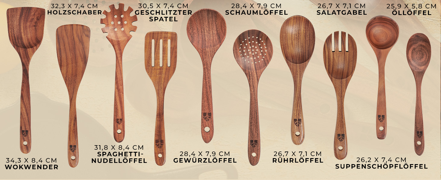 Набір дерев'яних ложок для приготування їжі (10 шт.) з теку - кухонне приладдя, лопатки, ложки для готування, антипригарне покриття, стійкість до нагріву