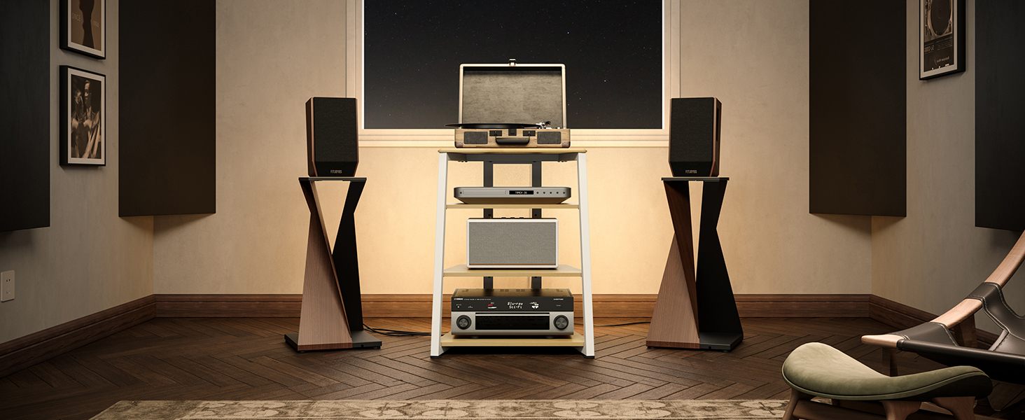 FITUEYES СТЕЛЖ HI-FI РЕГІАЛ з LED-підсвіткою та розетками для програвачів та стереосистем, 61 x 52 x 78 см