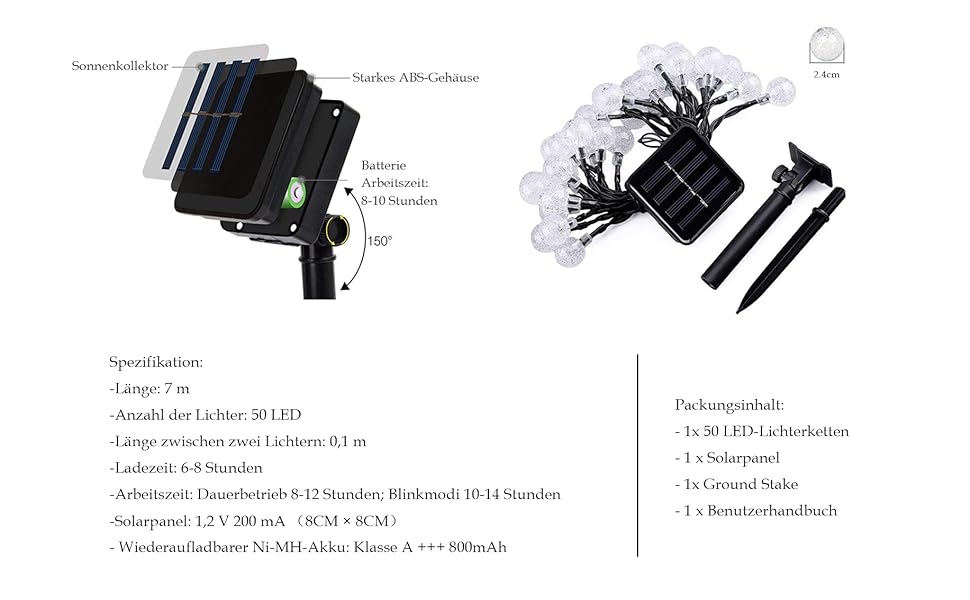 Вулична сонячна гірлянда, захист від атмосферних впливів, 50 світлодіодних гірлянд для саду, 8 режимів, 7 м / 24 фути, крім / критих ліхтарів, Вулична сонячна лампа для саду