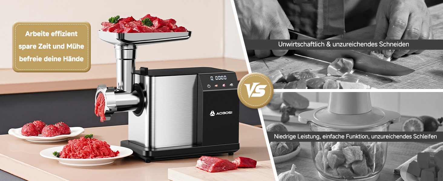 Електрична м'ясоподрібнювач AAOBOSI 3000W з LED-дисплеєм, 9 швидкостей, з нержавіючої сталі, для дому, з насадкою для ковбас та кіббе