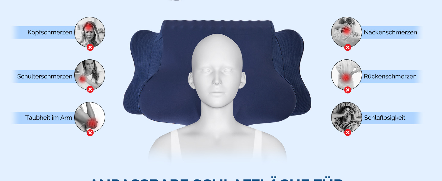 Подушка для шиї, подушка для голови з піною Memory Foam, ергономічна подушка для шиї, подушка для тих, хто спить на боці, на спині та на животі, сіро-білий колір (темно-синій, 64 x 39 x 13 см)