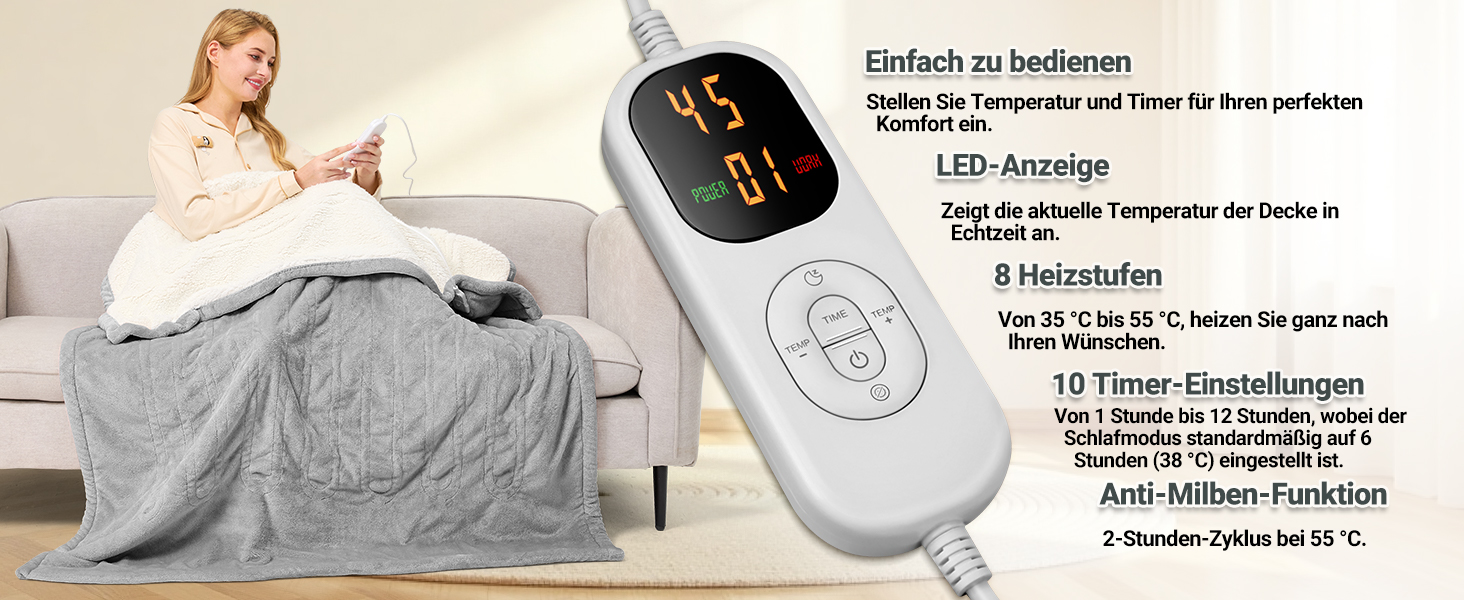 Електрична ковдра з автовимкненням 130x180 см, 8 рівнів нагріву, таймер 12 годин, пральна машина, флісова ковдра для ліжка, дивана, офісу, рожева