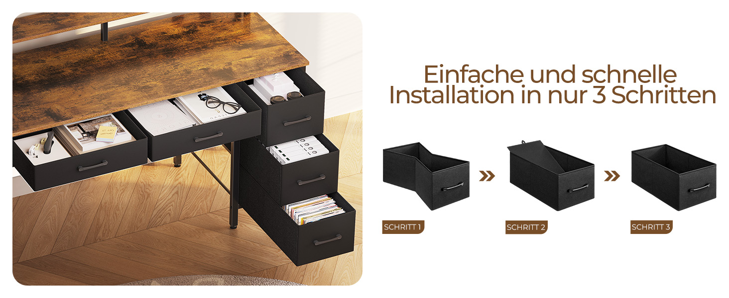 Комп'ютерний стіл Seventable з розетками та LED-підсвіткою, 100 см, геймінговий стіл з 5 висувними ящиками та підставкою для монітора, для офісу, кабінету, спальні, вітальні (Вінтажний коричневий)