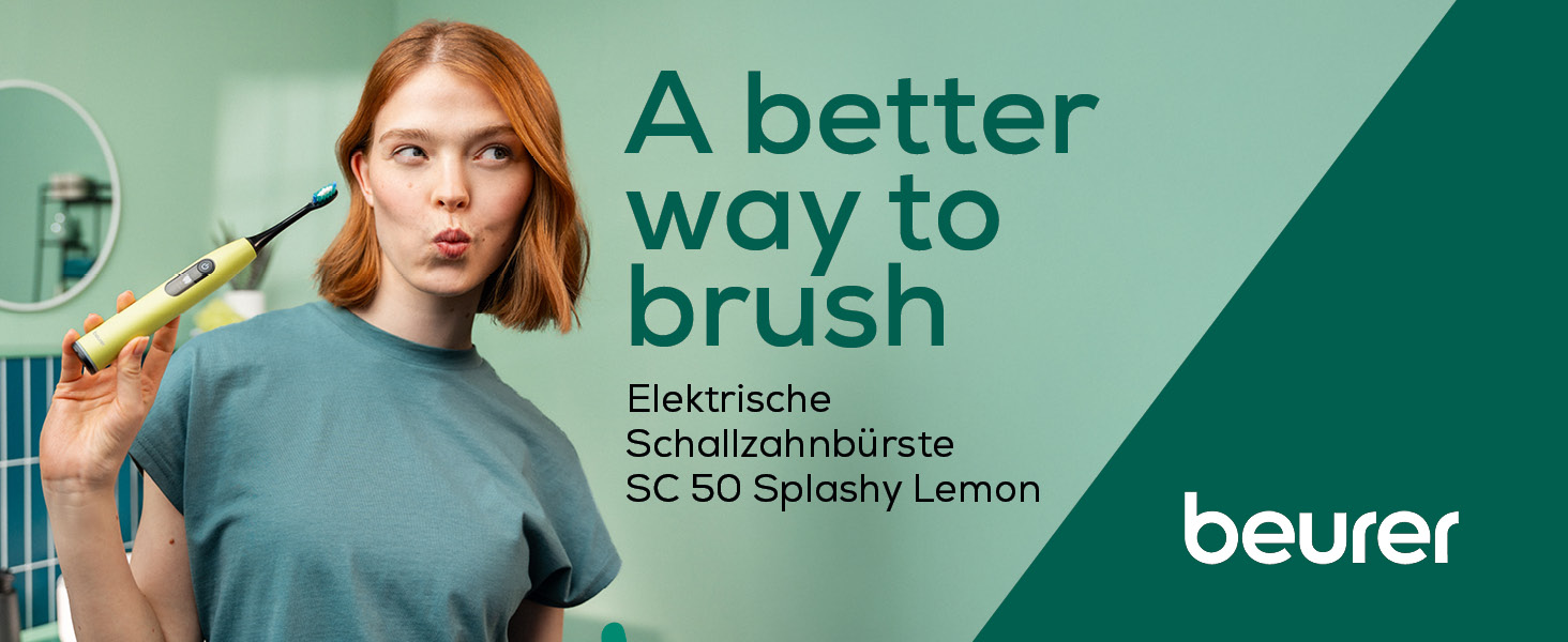Електрична зубна щітка Beurer SC 30 Schallzahnbürste: 4 режими чищення, 80 000 коливань, таймер, LED-дисплей, 2 насадки, корпус з переробленого пластику (Splashy Lemon)