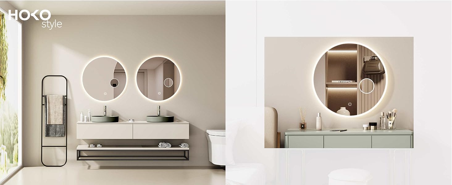 Дзеркало для ванної кімнати HOKO круглої форми, 80 см з підсвічуванням, антизапарювання, рамка, сенсорний вимикач з пам'яттю, регулювання світла 2700-6500K (тепле біле - холодне біле - нейтральне), 80 x 80 см, чорний колір