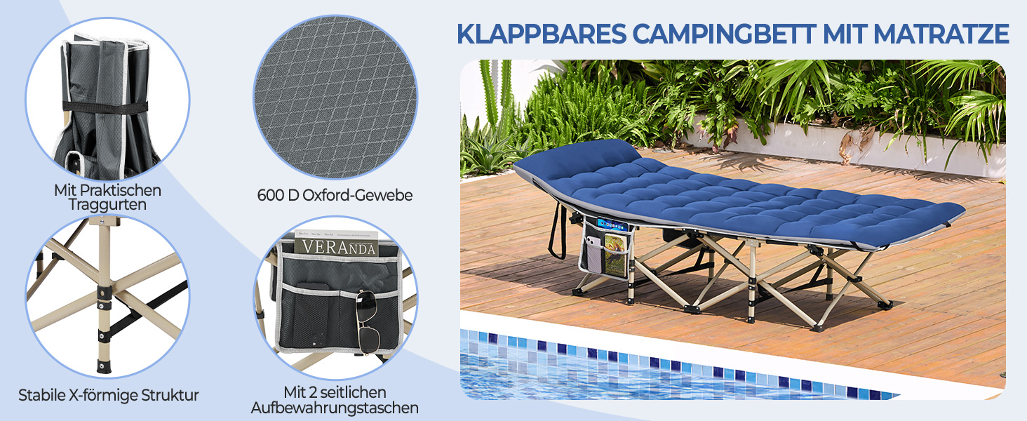 Розкладне кемпінгове ліжко Yaheetech з матрацом та сумкою для перенесення, гостьове ліжко для відпочинку та саду, 191 x 67 см, витримує до 150 кг (Блакитний/Сірий)