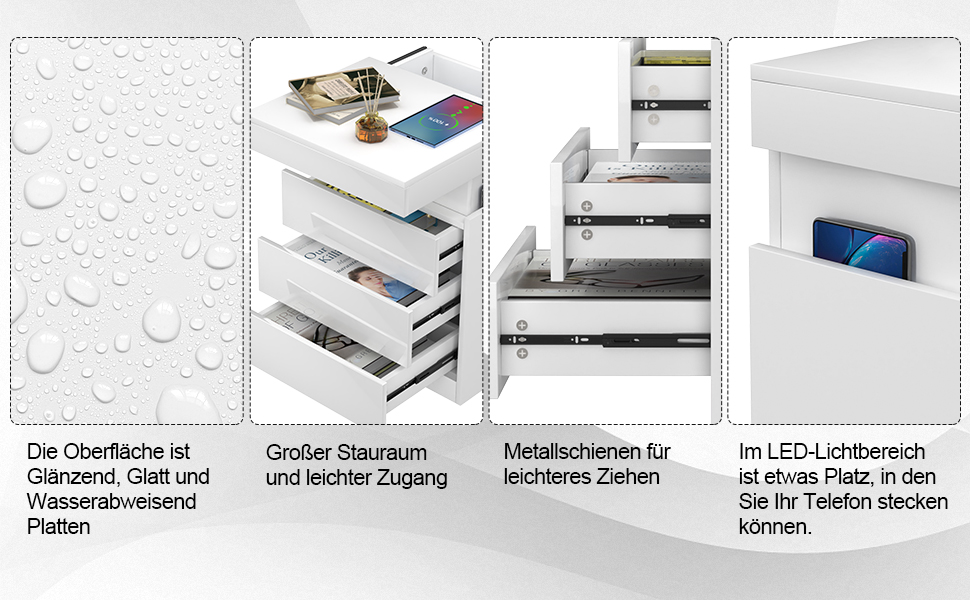 Тумбочка Lvhcmfohm з розеткою, LED підсвічування, 3 ящики, приховані розсувні шафи, 45x40x67см, біла
