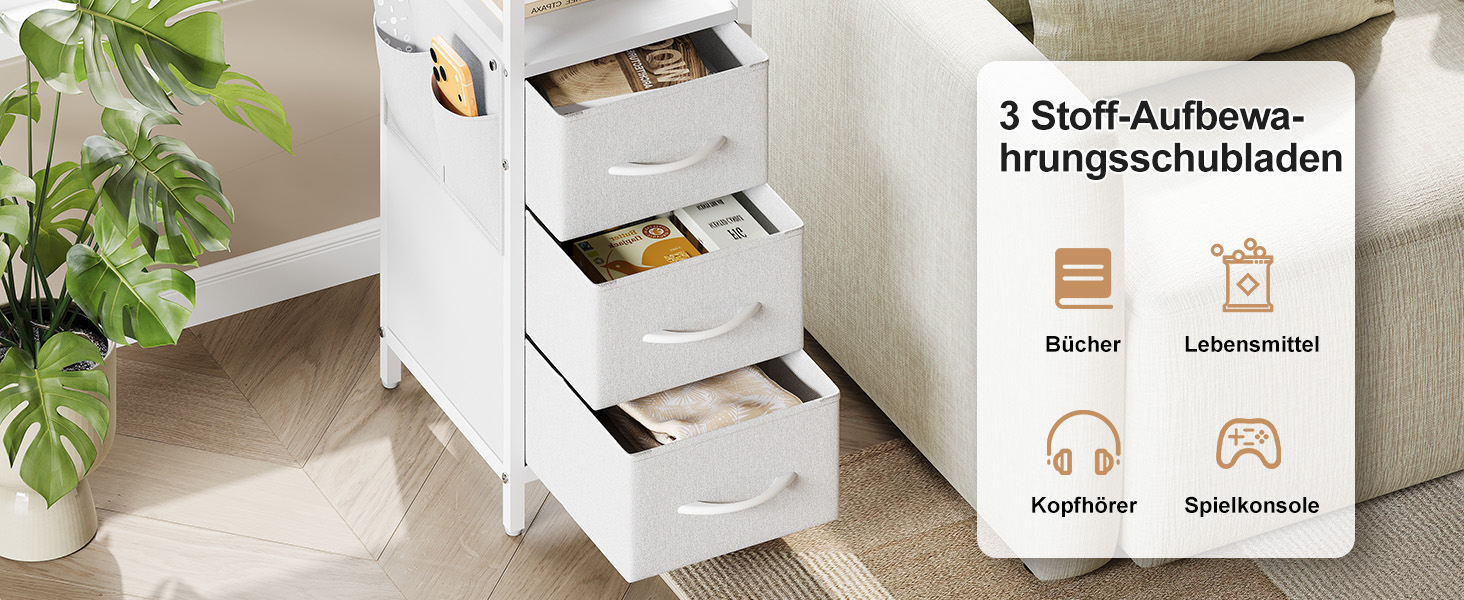 Нічний столик з підзарядкою та LED-підсвіткою, білий, 25x30x60 см, з 3 висувними ящиками, полицею та USB/Type-C портами