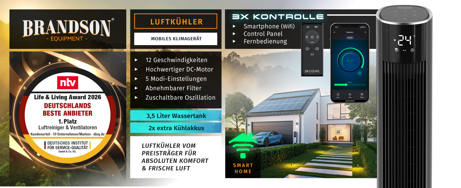 Повітряний охолоджувач Brandson ECO GREEN з водяним охолодженням, WiFi, Smart Home, управління голосом та сенсором. Мобільний кондиціонер-вентилятор з осциляцією