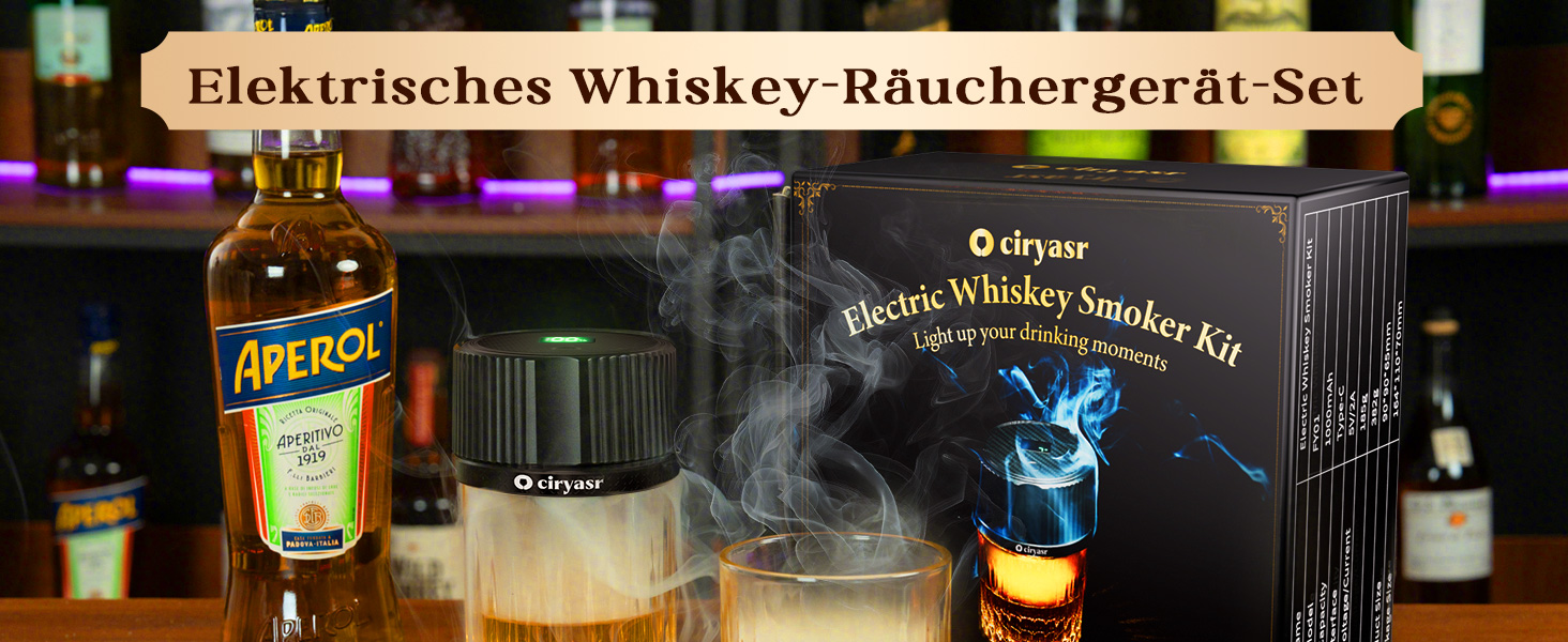 Набір для копчення віскі CIRYASR, електричний, без бутану, з 6 смаками дерев'яної стружки, 2 віскі-стоуни, RGB-підсвічування, подарунок для чоловіків, батька, чоловіка (з 2 склянками)