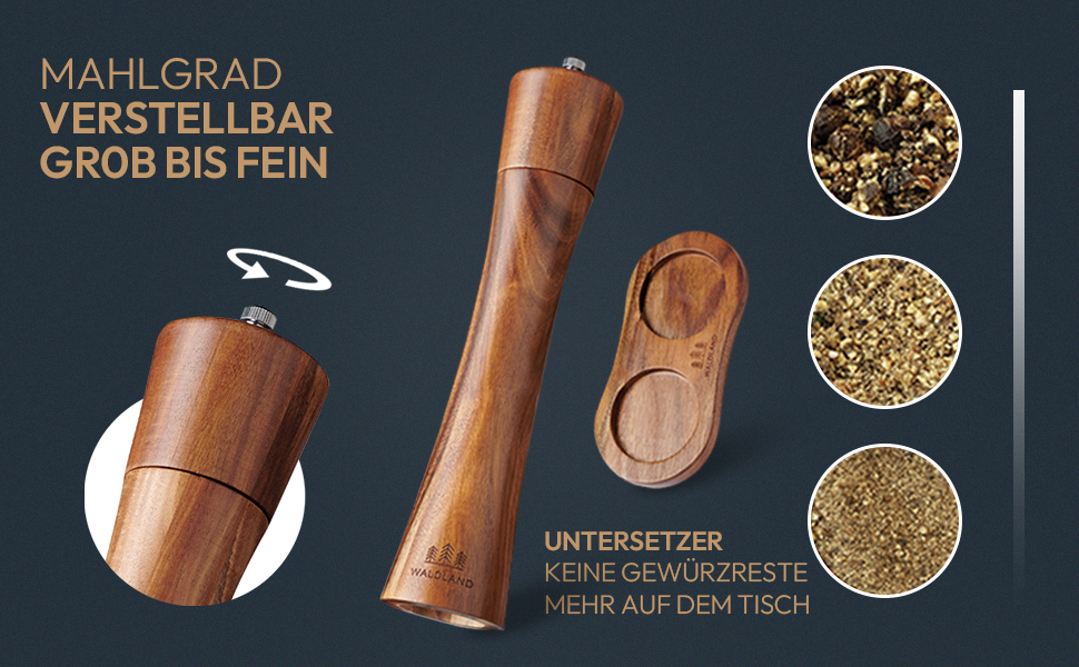 Набір для солі та перцю WALDLAND® з дерева з підставкою (21 см) | Мельниці для спецій з керамічним механізмом | Набір перчниці та солізниці