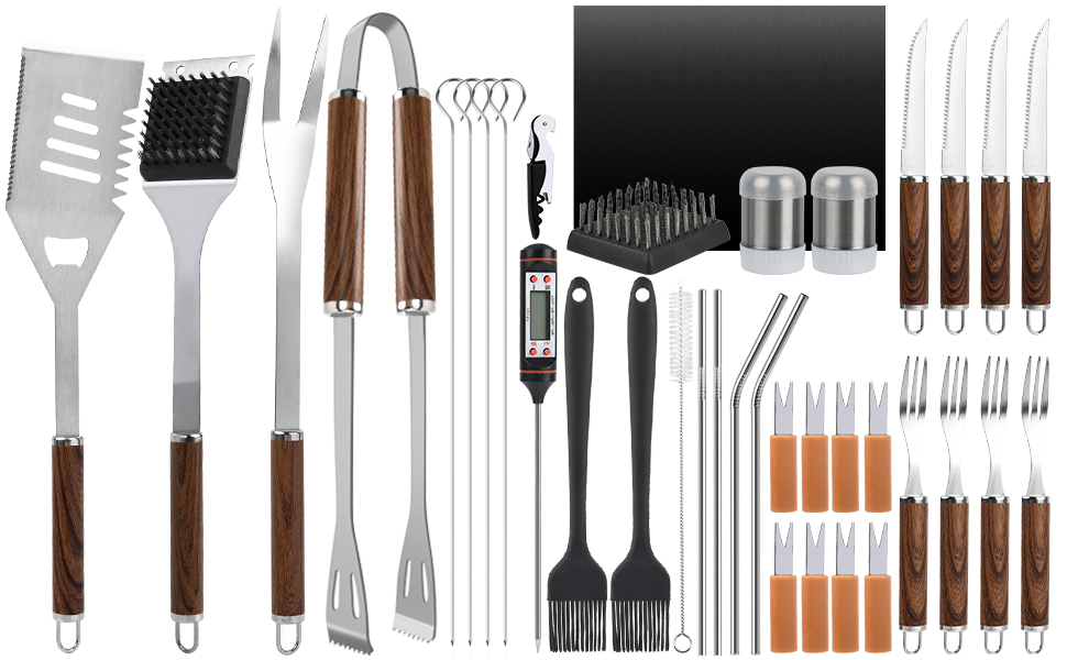 Набір гриля з нержавіючої сталі на 38 предметів, кейс для гриля, подарунок для чоловіків, повний набір інструментів для барбекю, високоякісний набір для гриля для відпочинку на відкритому повітрі