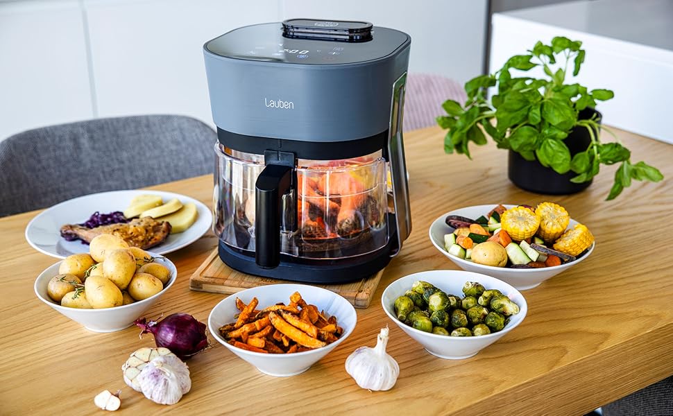 Аерофритюрниця Lauben Glass&Steam 4500BG зі скляним кошиком та функцією пари, 8 програм, 4.5л