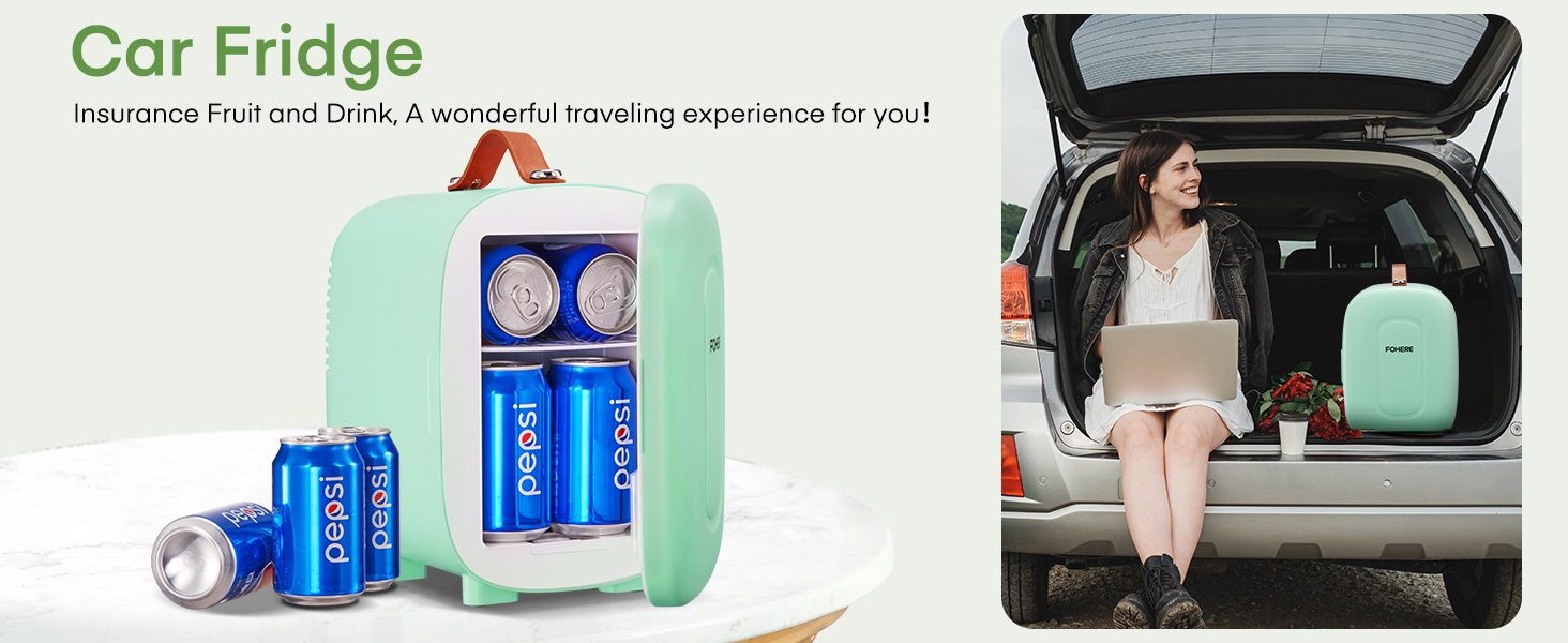 Міні холодильник FOHERE 5 літрів / 6 банок, USB живлення, 220V AC/12V DC, для напоїв та догляду за шкірою, білий (зелений)