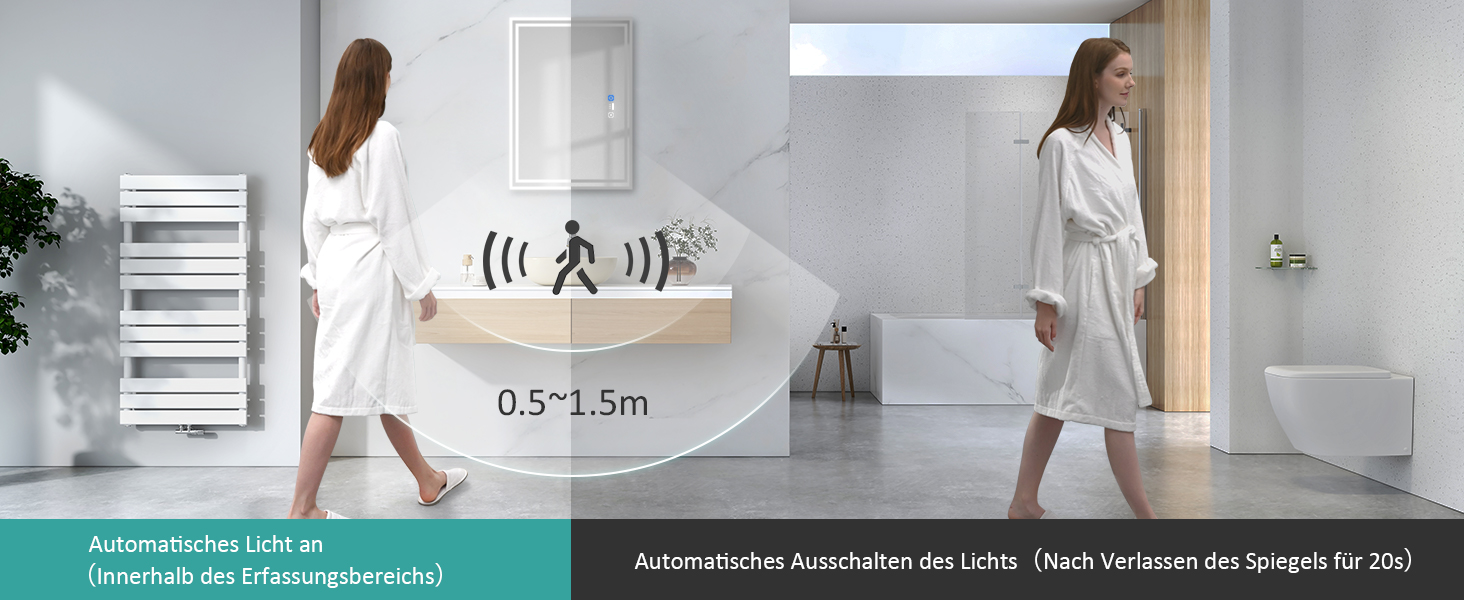 Дзеркало для ванної кімнати EMKE з підсвічуванням 80x60 см, LED, з датчиком руху, сенсорне, проти запотівання, 3 кольори світла, регулювання яскравості, таймер 1 год, IP44, енергозберігаюче