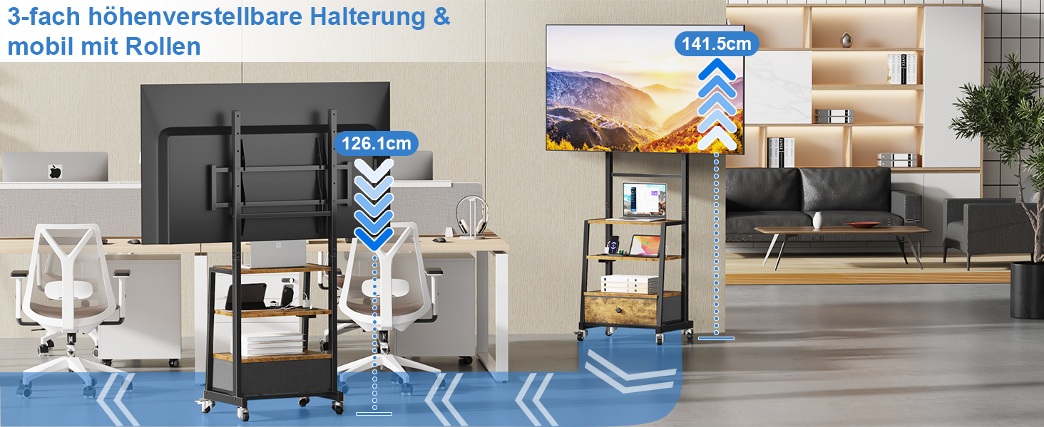 Тумба для телевізора на колесах з ящиком, для телевізорів 32-75 дюймів, регульована, з розеткою, коричнева, 140 см