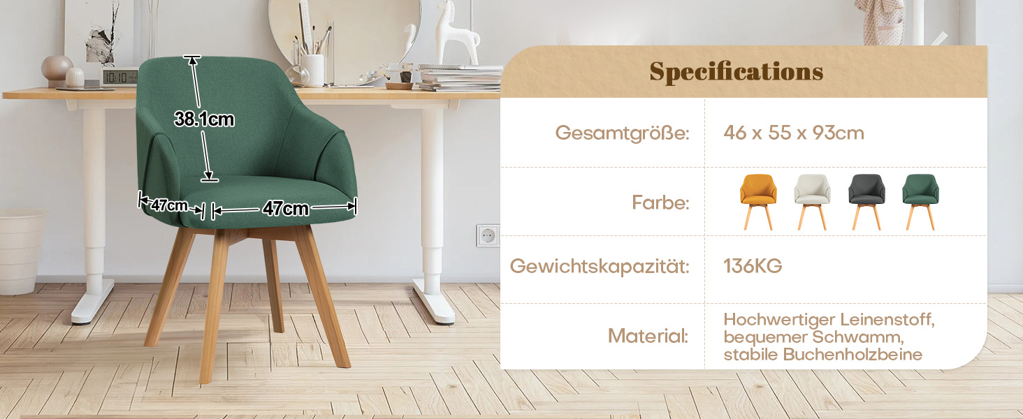 Обідні стільці Bekrvio 2 шт. з обертанням та підлокітниками – 360° стільці для обідньої кімнати, стільці до обіднього столу з тканини льон, дерев'яні ніжки з масиву бука, м'які жовті стільці для обідньої кімнати (2 шт., зелений льон)