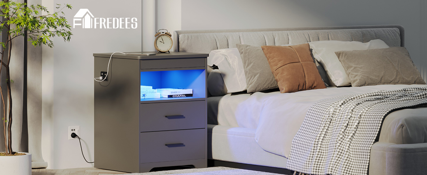 Нічний столик FREDEES з LED-підсвічуванням, ящиком та бездроговою зарядкою, сірий (2 кольори)