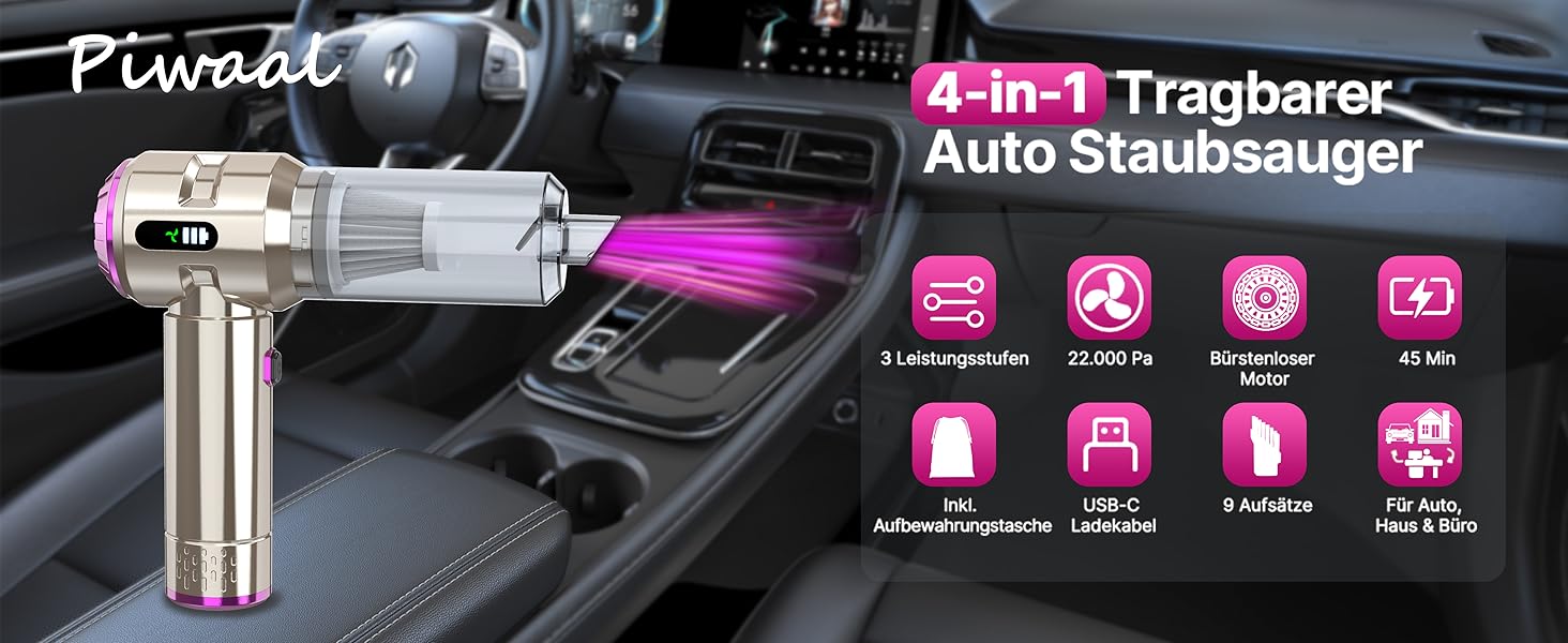 Акумуляторний ручний пилосос Piwaal 4-в-1, 22000Па, безщітковий двигун з функцією обдуву (220000 об/хв), для авто, дому, офісу та комп'ютера, чорний