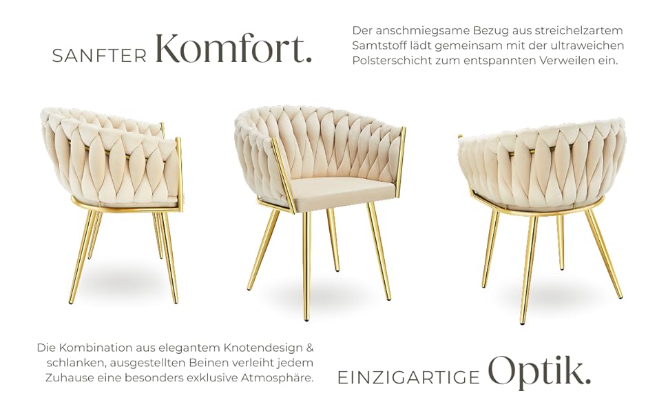 Тектейк® Оксамитовий стілець-чаша з підлокітниками, сучасний крісло для вітальні, їдальні, як кухонні стільці, для туалетного столика, комплект (2 шт), пісок/золото