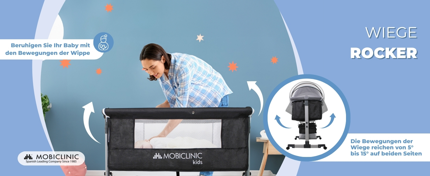 Дитяче ліжко Mobiclinic® 3-в-1: ліжко-гойдалка, ліжко-манежа, ліжко-бічне, чорне, до 20 кг