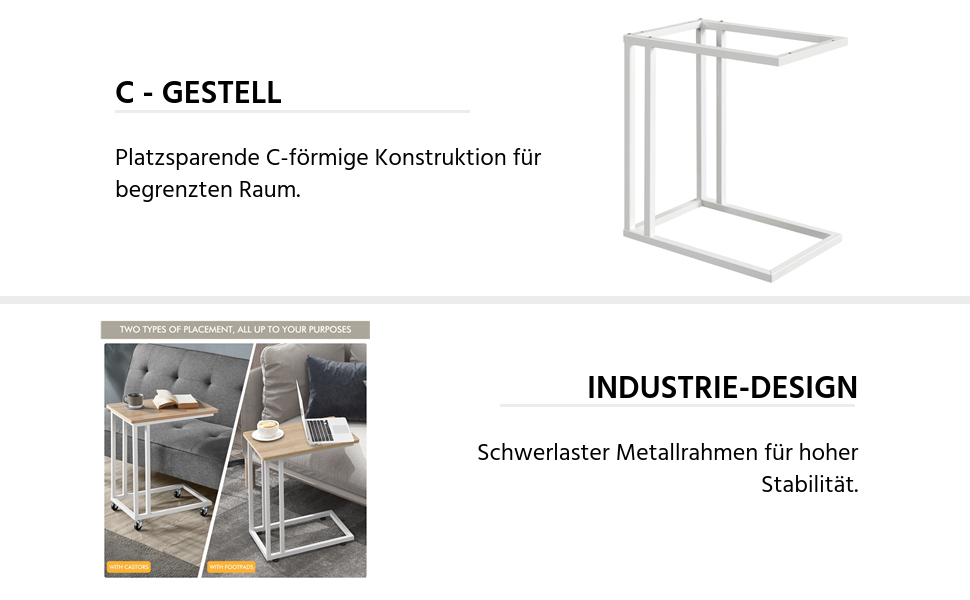 Журнальний столик Yaheetech, С-подібна, мобільний журнальний столик, журнальний столик на коліщатках, стіл для вітальні, під диван, промисловий дизайн, для кави та ноутбука, 50 х 35 х 59,5 см (дуб)