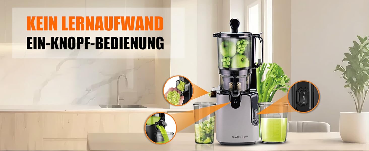 Charmline Slow Juicer: повільний соковитискач для фруктів та овочів, 1,8л, легке очищення