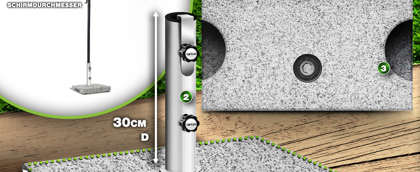 Підставка для парасольки Tillvex® Granit на колесах з ручкою для перенесення, 27 кг | Підставка для парасольки з нержавіючою сталею | Підставка для парасольки на балкон, діаметр 250 см, для стійок 16-48 мм (Прямокутна, сіра)