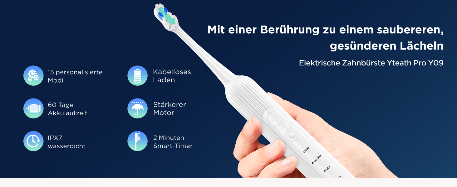 Електрична звукова зубна щітка для дорослих та дітей, 5 режимів чищення, 3 рівні інтенсивності, таймер, 8 насадок, кейс для подорожей, біла (1 шт.)