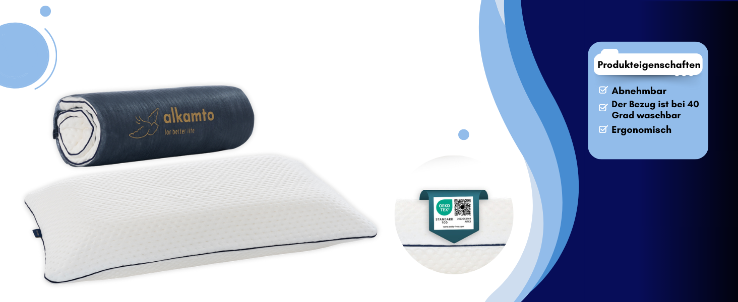 Подушка з піною з пам'яті Alkamto 70 x 45 см - ергономічна підтримка шиї - сертифікат Oeko-Tex - терморегулююча наволочка - гіпоалергенна та придатна для прання - для сну на спині та на боці 70 x 45 x 12 см